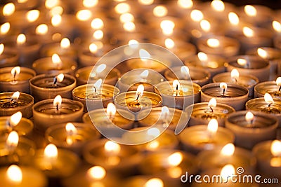 Burning bright. Golden warm glow from candle flames. Many beautiful lit tealight candles glowing. Stock Photo