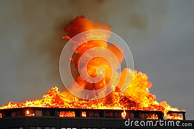 Burning building. Fire. Wirfire. Burning house at night, roof of building in flames and smoke. Stock Photo