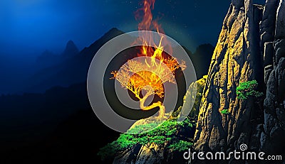 Burning bush plant in a cliff of a mountain Stock Photo