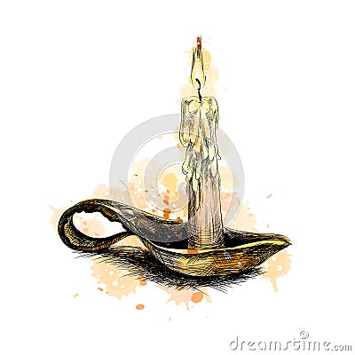 Burning candle in bronze candlestick Vector Illustration