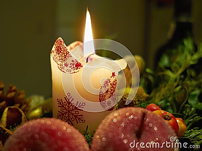 Burning candle festive Christmas decoration Stock Photo