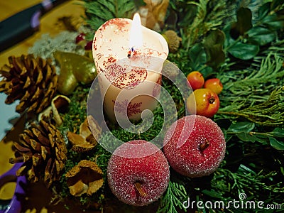 Burning candle festive Christmas decoration Stock Photo