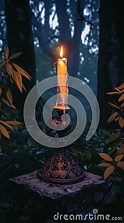 Burning candle illuminates eerie forest, embodying esoteric mystique Stock Photo