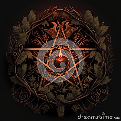 Burning candle inside the pagan pentagram. The symbol of the five -pointed star is made of branches Stock Photo