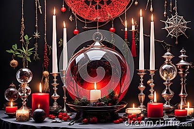 burning candle, moon symbol, amulet and ball lying on a dark natural background. Witchcraft, esoteric spiritual ritual Stock Photo