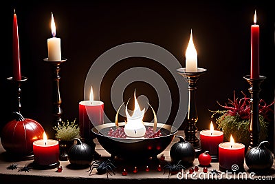 burning candle, moon symbol, amulet lying on a dark natural background. Witchcraft, esoteric spiritual ritual. holiday Stock Photo