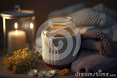 Burning candle in small amber glass jar, flowers of gypsophila and stack knitted seasin sweaters Cozy lifestyle, hygge concept. Stock Photo