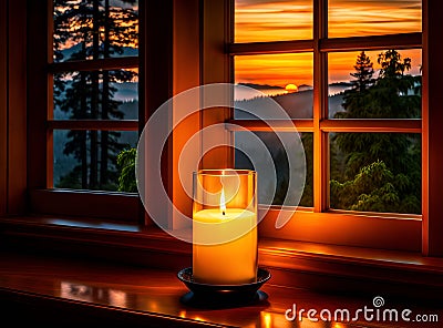 Burning candle in the window sill in front of a beautiful sunset. Cartoon Illustration