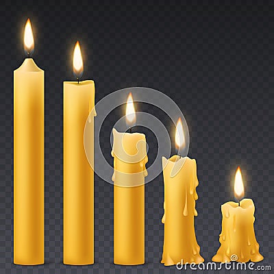 Burning candles. Wax candle with flicker fire. romantic birthday celebration vector set Vector Illustration