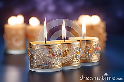 Burning candles in elegant gold candlesticks Stock Photo
