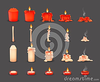 Cartoon burning wax candles on the different stages of burning Vector Illustration