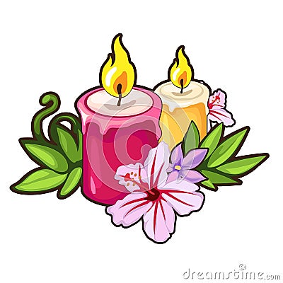 Burning candles with flowers. Holiday concept Vector Illustration