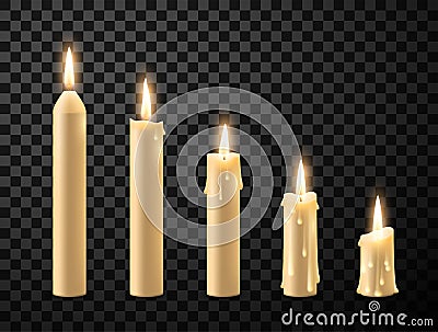 Burning candles realistic set, romantic and memorial symbol Vector Illustration