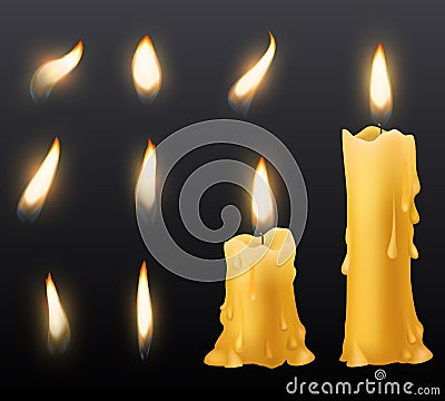 Burning candles. Romantic holiday wax burning candles light close up warm fire wick spa christmas dinner decoration Vector Illustration