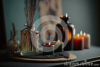 Burning candles and scented reed freshener on the spa. Illustration AI Generative Stock Photo