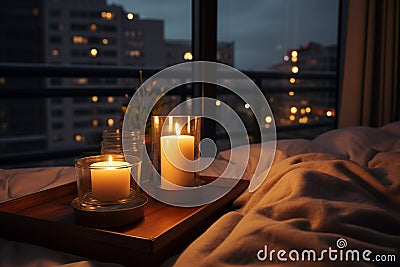 Burning candles on table in bedroom Stock Photo