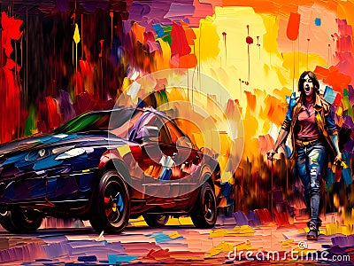 Burning car anarchy protest oil painting style art sequence 6 of 13 Stock Photo