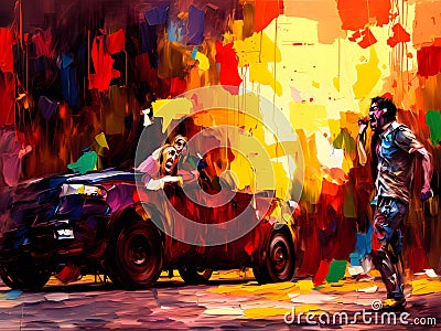 Burning car anarchy protest oil painting style art sequence 3 of 13 Stock Photo