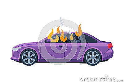 Burning Car, Auto Accident, Purple Car Side View Flat Vector Illustration Vector Illustration