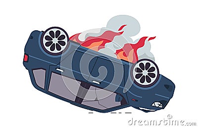 Burning car. Automobile crash, auto accident, inverted car with fire, broken windows and dark smoke. Damaged vehicle Vector Illustration