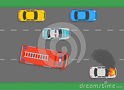 Burning car engine hood on city highway. Car fire safety activity. Fire truck and police car on city road. Firefighters are arrive Vector Illustration