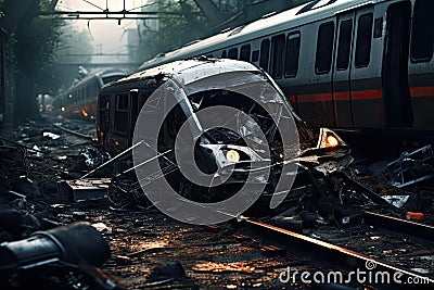 Burning car on the railroad tracks in the city at night, Train crashes in car, AI Generated Stock Photo