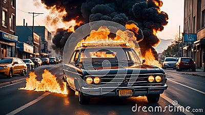 Burning car on the road in the city. Stock Photo