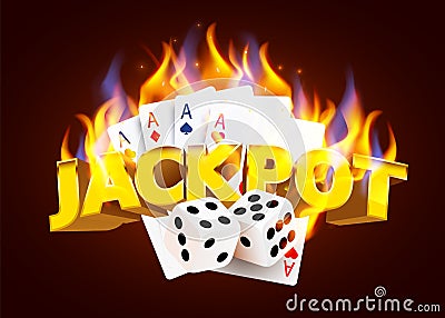 Burning Casino Poker Cards and dices. Online casino and flaming gambling concept. Vector Illustration