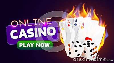 Burning Casino Poker Cards and dices. Online casino and flaming gambling concept. Vector Illustration
