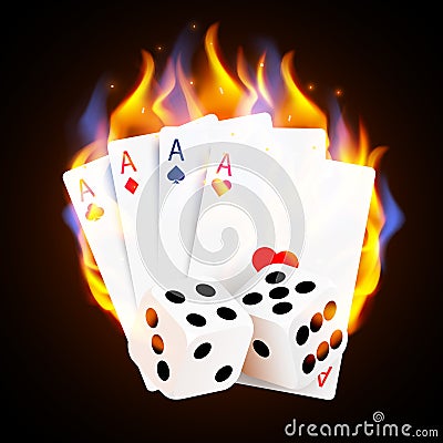 Burning Casino Poker Cards and dices. Online casino and flaming gambling concept Vector Illustration