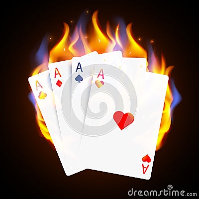 Burning Casino Poker Cards. Online casino and flaming gambling concept. Vector Illustration