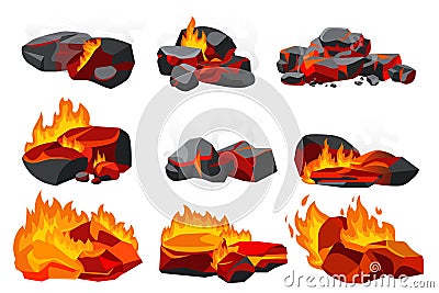 Burning coal with fire set, black charcoal pieces and hot lump burn in fireplace Vector Illustration