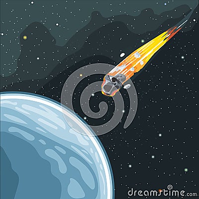 Burning comet flying in space to planet earth Vector Illustration