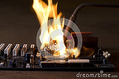 Burning computer main board Stock Photo