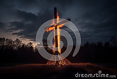 Burning cross fire in dark night. Generate Ai Stock Photo