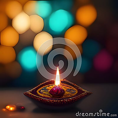 Burning decorative candle on colorful smudged background of sides. Diwali, the dipawali Indian festival of light Vector Illustration