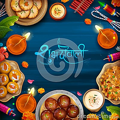 Burning diya with assorted sweet and snack on Happy Diwali Holiday background for light festival of India Vector Illustration