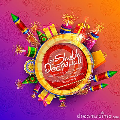 Burning diya on Diwali Holiday background for light festival of India with message in Hindi meaning Happy Dipawali Vector Illustration