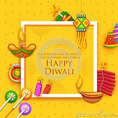 Burning diya and firecracker on Happy Diwali Holiday background for light festival of India Vector Illustration