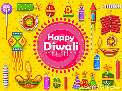 Burning diya and firecracker on Happy Diwali Holiday background for light festival of India Vector Illustration