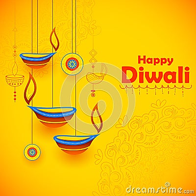 Burning diya on Happy Diwali Holiday background for light festival of India Vector Illustration