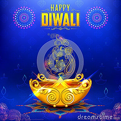 Burning diya on Happy Diwali Holiday background for light festival of India Vector Illustration