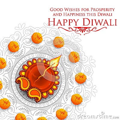 Burning diya on Happy Diwali Holiday background for light festival of India Vector Illustration