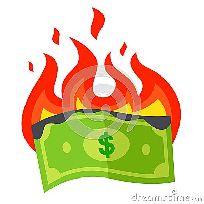 the burning dollar bill burns out. a waste of money. Vector Illustration