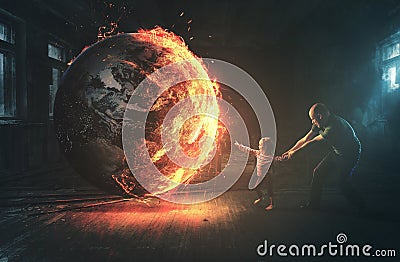 Burning earth and curious child Stock Photo