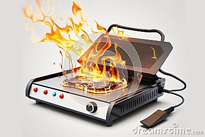 Burning Electric Griddle On A White Background. Generative AI Stock Photo