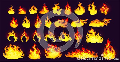 Burning fire collection, yellow and orange flame Vector Illustration