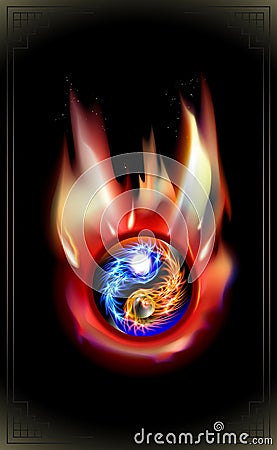 Burning Fire, glowing blue, red cosmic concept Yin and Yang mandala. Fiery heat spiritual relaxation. Flames symbol glow design. Vector Illustration