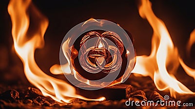 burning fire sign logo A fiery symbol in the darkness, creating a contrast of light and heat Stock Photo