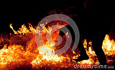 Burning fire stone on a floor background with step dance perform Stock Photo